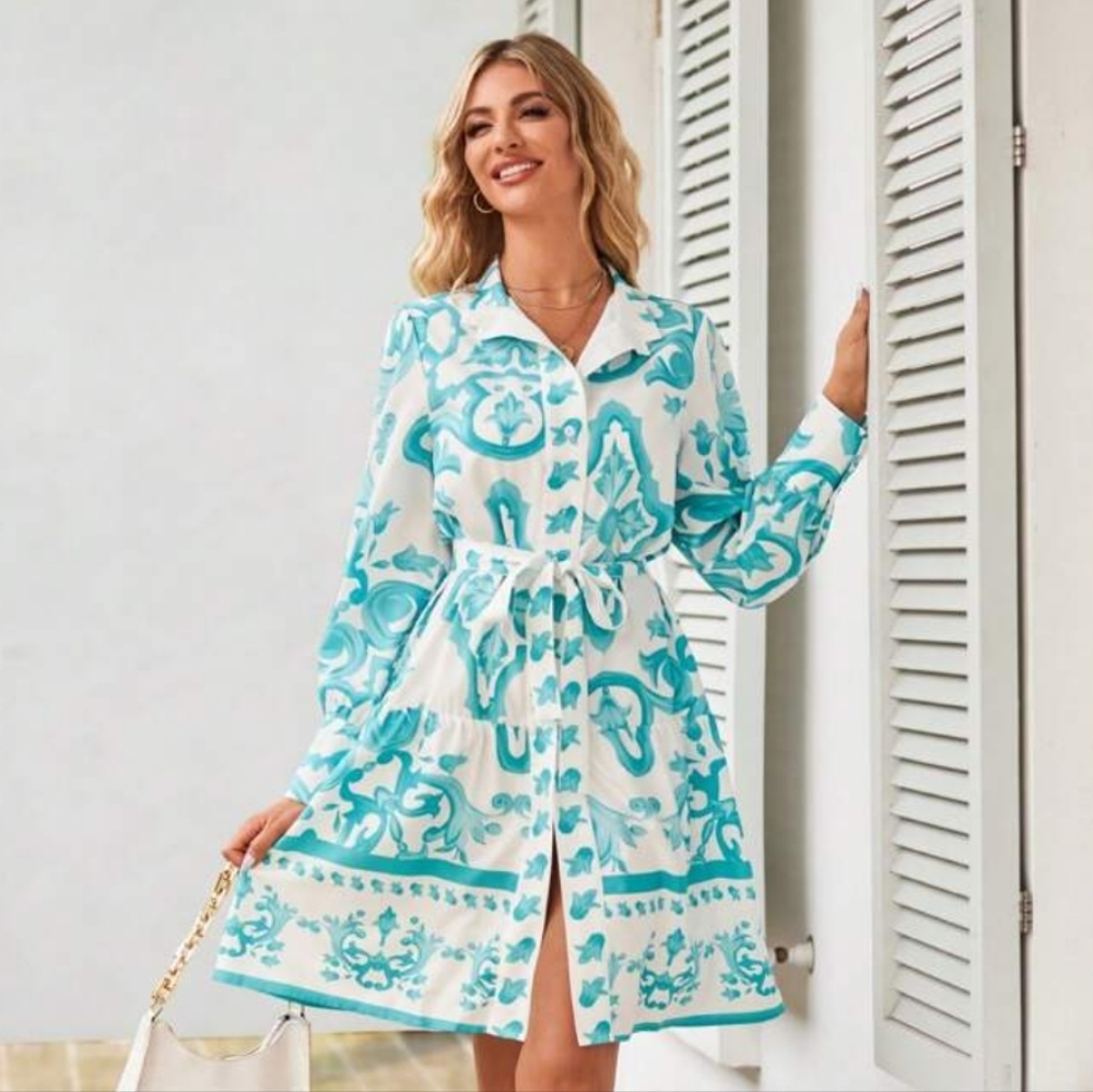 LUNE Allover Print Shirt Dress Size Large | Belted Tie Waist Midi | Day to Night